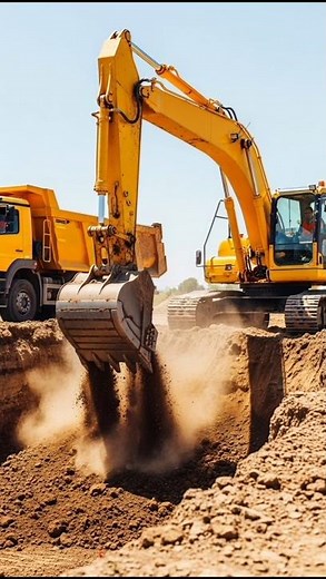 Excavator in Action: Digging and Dumping Dirt on Site