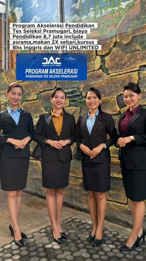 JOGJA AIR CREW on Instagram: "Dibuka Pendaftaran : ✅ Kelas April 2026 ✅ Kelas Juli 2026 (kelas XII bisa daftar) Biaya keseluruhan 19 juta tanpa ada biaya tambahan apapun Syarat Pendaftaran : ✅ Wanita (belum menikah), TB minimal 162 cm ✅ Usia minimal 17 tahun 9 bulan, maksimal 23 tahun ✅ Pendidikan minimal SMA sederajat - S1 (Siswi kelas XII bisa daftar) ✅ Sehat jasmani rohani, tidak buta warna ✅ FC identitas diri, orang tua, KK, akte kelahiran dan SKCK ✅ Pas foto ukuran 3X4 dan foto full body uk