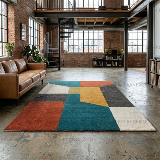 Mid Century Geometric Area Rug — Modern Color Block Design Hand Tufted Rug, Bauhaus Teal Mustard Rust Wool Carpet 12x15 12x12 9x12 - Etsy