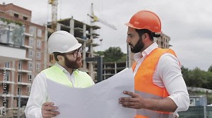 Male construction engineer discussion with architect at construction site or building site of highrise building. They holding construction drawings in their hands.