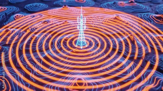 Neon communication tower broadcasting signal waves over abstract topographic landscape glowing digital network connectivity concept