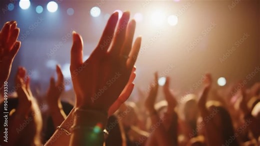 Excited crowd clapping hands at a vibrant concert with colorful stage lights