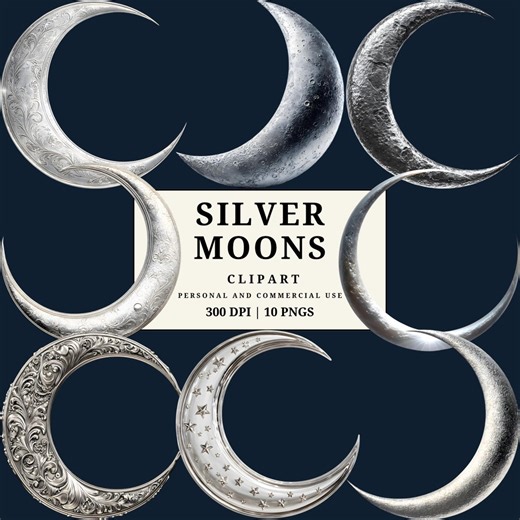 Silver Moon Clipart PNG, Crescent Moon Illustration, Celestial Moon Art, Lunar Clipart Pack, Astrology Moon PNG - Etsy