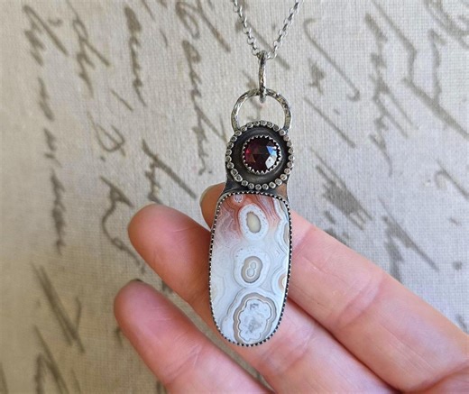 Handmade Red Lace Agate and Rosecut Garnet Oxidized Sterling Silver Pendant With Chain - Etsy