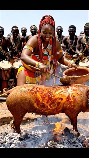 🔥 African Tribal Dance & Cooking | Pig Feast with Traditional Music 🎶🐗🌎 | #shorts
