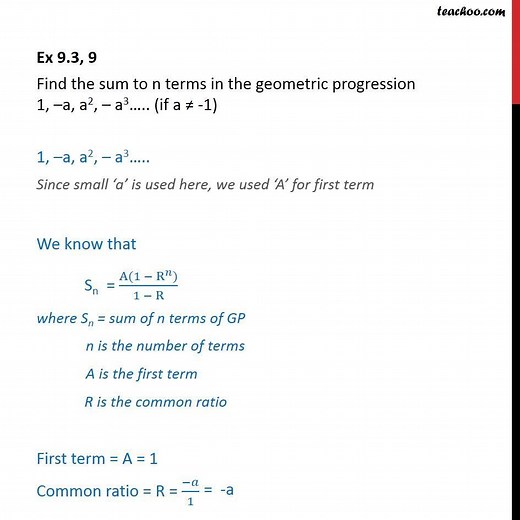 Ex 8.2, 9 - Find sum to n terms in GP 1, -a, a2, -a3 - Ex 8.2