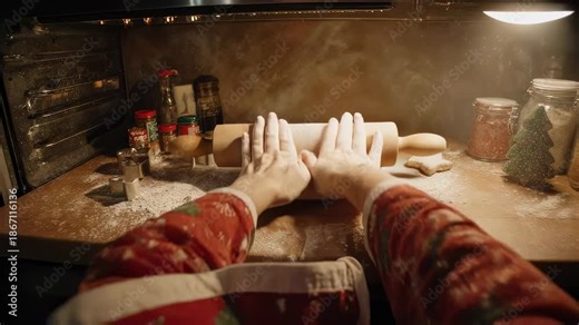 baking festive cookies, santa bakes holiday treats, santa shapes cookies amidst spice jars and cozy
