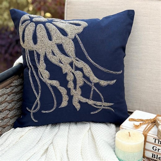 Navy Blue Cotton & Linen Beaded Sea Creature Pattern Throw Pillow Cover, 16"x16", Beach Style Cushion Cover - Jelly Fish at the Shore - Etsy Ireland