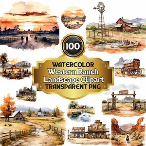 100 Watercolor Western Ranch Landscape Cliparts, Frontier Vistas Bundle: Rustic and Scenic Illustrations for Decor, Art Projects & Crafts - Etsy