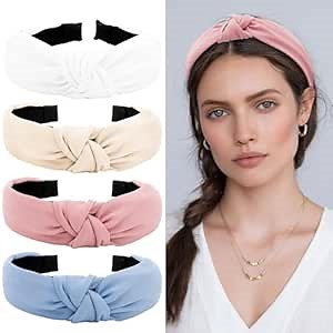 YISSION 4PCS Knotted Headbands for Women Girls - Non Slip Wide Top Knot Hair Accessories in Blue, Khaki, Pink, White