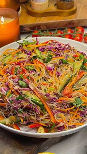 Bayan Bites on Instagram: "Valentine’s Crunchy Rice Noodle Salad with Peanut Citrus Dressing❤️ This Valentine’s Day salad is light, crunchy, and full of flavor ❤️ Rice noodles are tossed with fresh vegetables, herbs, and a creamy peanut citrus dressing for the perfect balance of sweet, tangy, and savory. A beautiful, healthy dish to share or enjoy together. The tools and special products I use and love for my videos — you can find them in the link in my bio or in my Amazon storefront 👇 https://