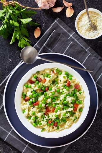 Classic mushroom, pea and bacon risotto recipe