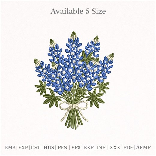 Bluebonnet Flower Embroidery Design, Wildflower Bouquet With Ribbon, Texas Bluebonnet Floral Pattern, Spring Botanical Embroidery - Etsy