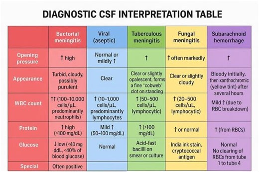 Shailendra on Instagram: "Normal CSF Findings Parameter Normal Values Opening pressure 10–20 cm H₂O (adults) Appearance Clear, colorless Cells 0–5 lymphocytes/µL (adults) Protein 15–45 mg/dL Glucose 50–80 mg/dL (or ~2/3 of blood glucose) Chloride 110–125 mEq/L Lactate 100 mg/dL) Normal cell count"
