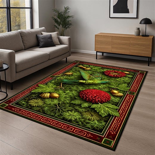 Hummingbird Area Rug, Botanical Forest Design, Green Nature Carpet - Etsy