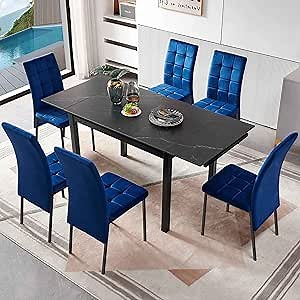 7 Pieces Dining Room Table Sets, Expandable Dining Table Faux Marble Stone Kitchen Table Set for 6 Person, Navy Blue Velvet Upholstered Dining Chair for Home, Kitchen, Living Room