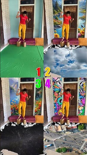 Hana uses cardboard shoes to walk through the flying stars, the sky and passing cars