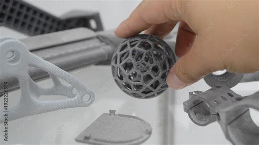 Person putting model printed on 3D printer to other models printed on 3D printer close-up. Technology MJF. Three-dimensional object gray color printed on 3D printer. Modern new innovation technology