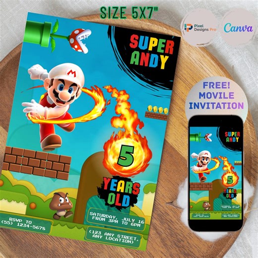 Super Mario bros themed birthday invitation, editable Canva template (5 x 7", PDF) (5 x 7 in), Fire Mario (Invitación vertical) - Etsy México