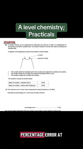 Chemistry practical questions often test more than just your understanding of the method. They also assess whether you can interpret experimental data critically. One area where students frequently lose marks is percentage error. We then look at the types of follow up questions examiners like to ask, including linking percentage error to sources of uncertainty in the apparatus and explaining why certain practical steps can increase or reduce the error. Understanding this properly helps you move 
