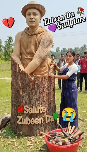 Stump Sculpture 🥀💚 Zubeen Da 🌹 #goodmorning #JusticeForZubeenGarg Disclaimer - This reel is not intended to hurt anyone's feelings. #zubeengargmusic #zubingarg #fbreels #fbpost2025シls #ZubeenGarg #handmade #handcrafted #sculpture #sculptureart #idol | Gita Nry