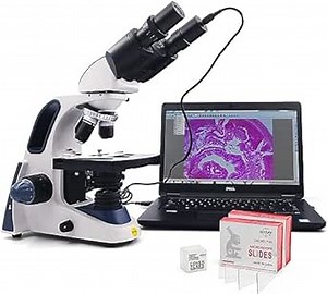 SWIFT SW380B Research-Grade Binocular Compound Lab Microscope,40X-2500X,with 5MP Camera and Software Windows/Mac Compatible and 100pcs Blank Slides,Mechanical Stage