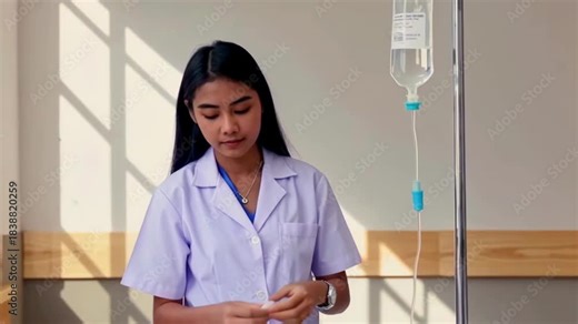 healthcare professional setting up infusion, medical caregiver assembling intravenous delivery system, attentive nurse expertly connecting sterilized intravenous tubing to infusion bag in bright ward