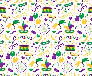 Mardi Gras Carnival seamless pattern with mask feathers, beads. Fat...