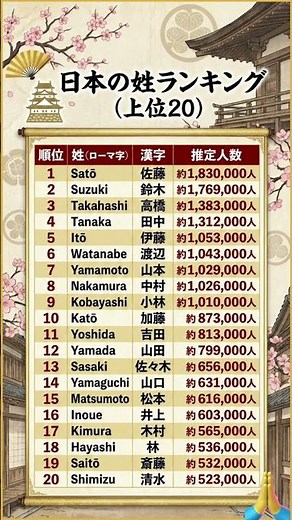 【最新】日本の苗字ランキングTOP20！あなたの名前はある？🇯🇵 #苗字 #ランキング
