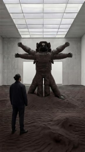 Echoing Leonardo da Vinci’s Vitruvian Man this figure replaces the naked body with a pressurized suit technology standing in for flesh, survival standing in for harmony. Where da Vinci mapped ideal proportions to prove humanity’s symmetry with the cosmos, the Vitruvian Astronaut asks what remains of that ideal once Earth is no longer the reference point. #sculpture #contemparyart #artbasel | Joseph Klibansky