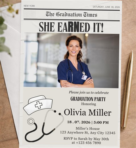 Nurse Graduation Invitation Template | Newspaper Style Graduation Party Invite | Nursing School Graduate Announcement | RN Graduation Invite - Etsy