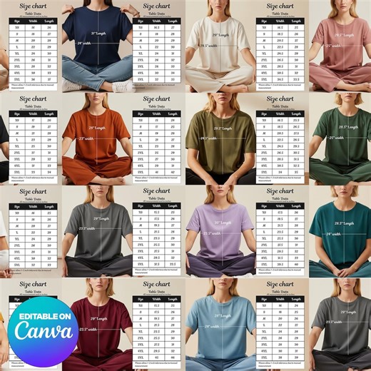 Tableau des tailles personnalisable pour les t-shirts - Modifiable sur Canva | Téléchargement instantané pour votre ligne de vêtements - Etsy France