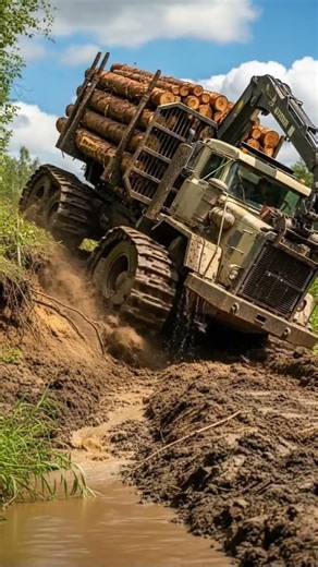 Massive Logging Truck with Crawler Tracks Battles Steep Muddy Hill!