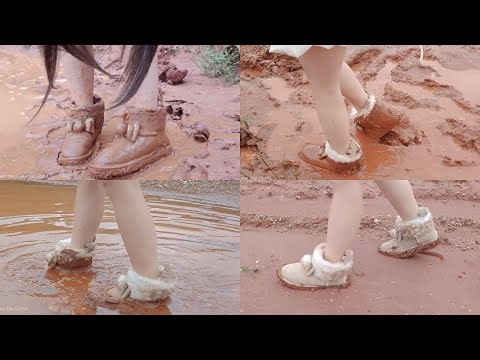 Brown snow boots and ankle socks wet and muddy(95)(Full video 32min 29sec)