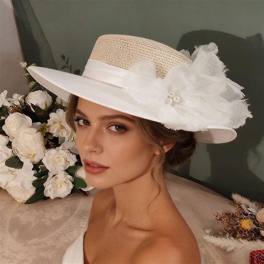 Bridal Boater Hat With Tulle Accent Wedding Hat - Etsy