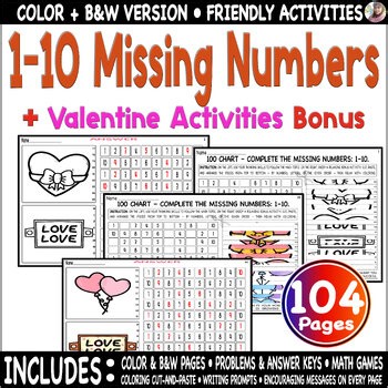 1-10 Missing Numbers on 100 Chart | Valentine Cut, Paste, Color Bonus Activities