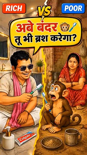 अबे बंदर तू भी ब्रश करेगा 🐒🪥 Funny Cartoon | Rich vs Poor #shorts #comedy