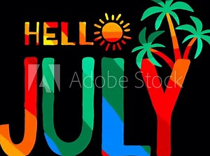 Hello July. Multicolored bright funny cartoon tremble inscription, sun, palm. Liquid effect. Alpha channel. Hello July is coming for 4K video, advertising, news, blogs, screensavers.