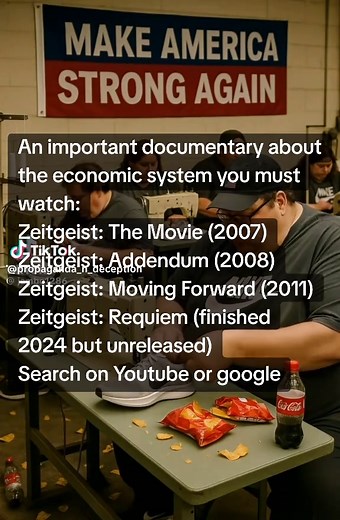 An important documentary about the economic system you must watch: Zeitgeist: The Movie (2007) Zeitgeist: Addendum (2008) Zeitgeist: Moving Forward (2011) Zeitgeist: Requiem (finished 2024 but unreleased) Search on Youtube or google #corruption #society #racism #politics #corporations #unitedstates #monopoly #capitalism #pyramidscheme #rulers