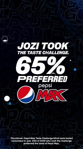 It’s official! 65% of participants in the #PepsiMax #TasteChallenge in Jozi prefer the bold taste of Pepsi Max. It’s time to #ChallengeYourTaste
