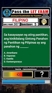 17K views · 375 reactions | FILIPINO | QUIZ PART 307 LET Reviewer with Answer Pass the LET Exam #reels #reelsvideo #letreviewer2023 #letreviewerexam #letreviewerquiz #letreviewerdrill #quizwithanswer | Pass the LET Exam | Facebook
