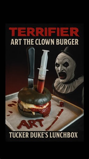 Tucker Duke’s Burgers on Instagram: "Meet the Terrifier Art the Clown Burger 🤡🔥 Only at Tucker Duke’s Lunchbox this spooky szn. 🖤 1/2 lb of pure chaos stacked with pepper jack cheese, crispy potato sticks, and a black bun that’s darker than your ex’s soul. Oh, and did we mention the syringe of jalapeño ketchup? 💉🌶️ Inject the heat yourself. ⚠️ Not for the weak. Pull up, snap a pic, and tag us before Art gets ya. 📍 Tucker Duke’s Lunchbox – Deerfield Beach 📅 October only #TerrifierBurger #B