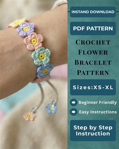 Crochet Flower Bracelet Pattern PDF, Daisy Wristband Tutorial, Adjustable Boho Floral Band, Beginner Friendly Crochet Jewelry - Etsy