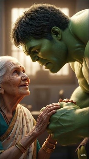 UHyper realistic cinematic portrait of Hulk smiling softly while the old Indian grandmother pntitled