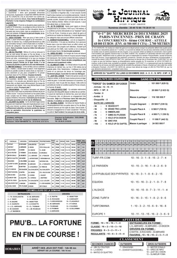 4 1 PMU’B du Mercredi 24 Décembre 2025 à Vincennes – Journal Hippique, Analyse pronostic et Infos Parieurs Le 4 1 PMU’B du mercredi 24 décembre 2025 se dispute sur l’hippodrome de Paris-Vincennes, dans le Prix de Craon, une course très attendue réunissant 16 concurrents sur la distance de 2 700 mètres. lonab programme, gain du jour en cfa aujourd hui, lonab gain du jour, arrivée quinté du jour, resultat pmu du jour, pmu résultat, journal hippique de demain ,lonab,programme pmub, journal hippique