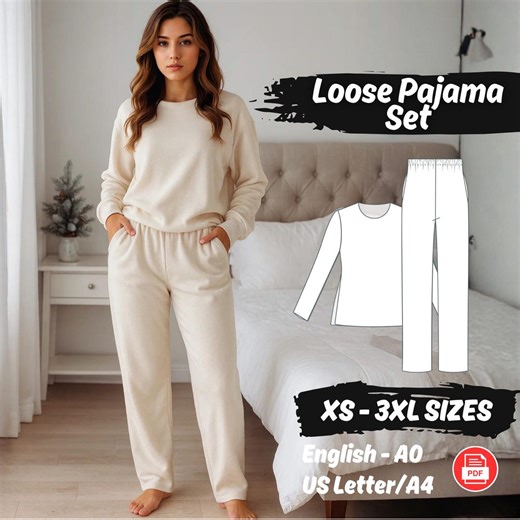 Pajama Set Sewing Patterns, Nightwear Pyjama Pants and Blouse PDF Pattern, Women Pajamas Pattern - Etsy