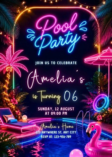 Neon Pool Birthday Invitation | Editable Glow Swim Evite | Fun Pool Party Invite Template