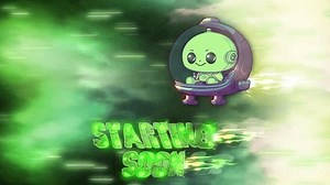 Animated twitch starting soon screen with cute kawaii green alien in spaceship, green cosmic background, and glowing text effect for streamers