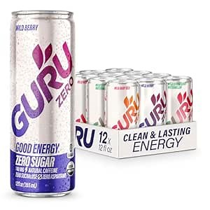 GURU ZERO SUGAR Organic Energy Drinks Variety Pack, Clean Energy Drink with Plant Based Natural Caffeine from Green Tea, Coconut Water, Prebiotic, Zero Added sugars, Gluten Free and Vegan, Pre Workout, Healthy Drinks, 12oz (Pack of 12)