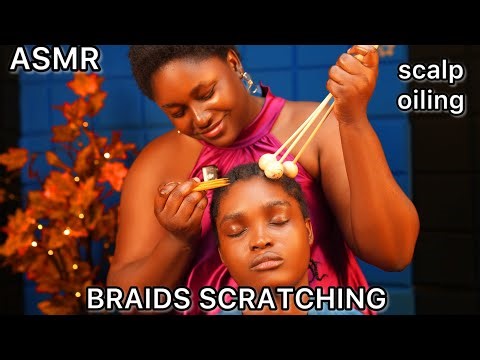 ASMR Scratching in between my sister’s braids, scalp oiling,massage with relaxing sounds for sleep